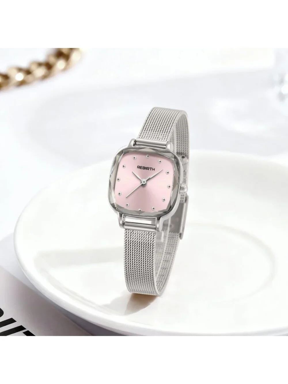 Women's Silver Pink Square Minimalist Dial Mesh Band Crystal Case Wrist Watch